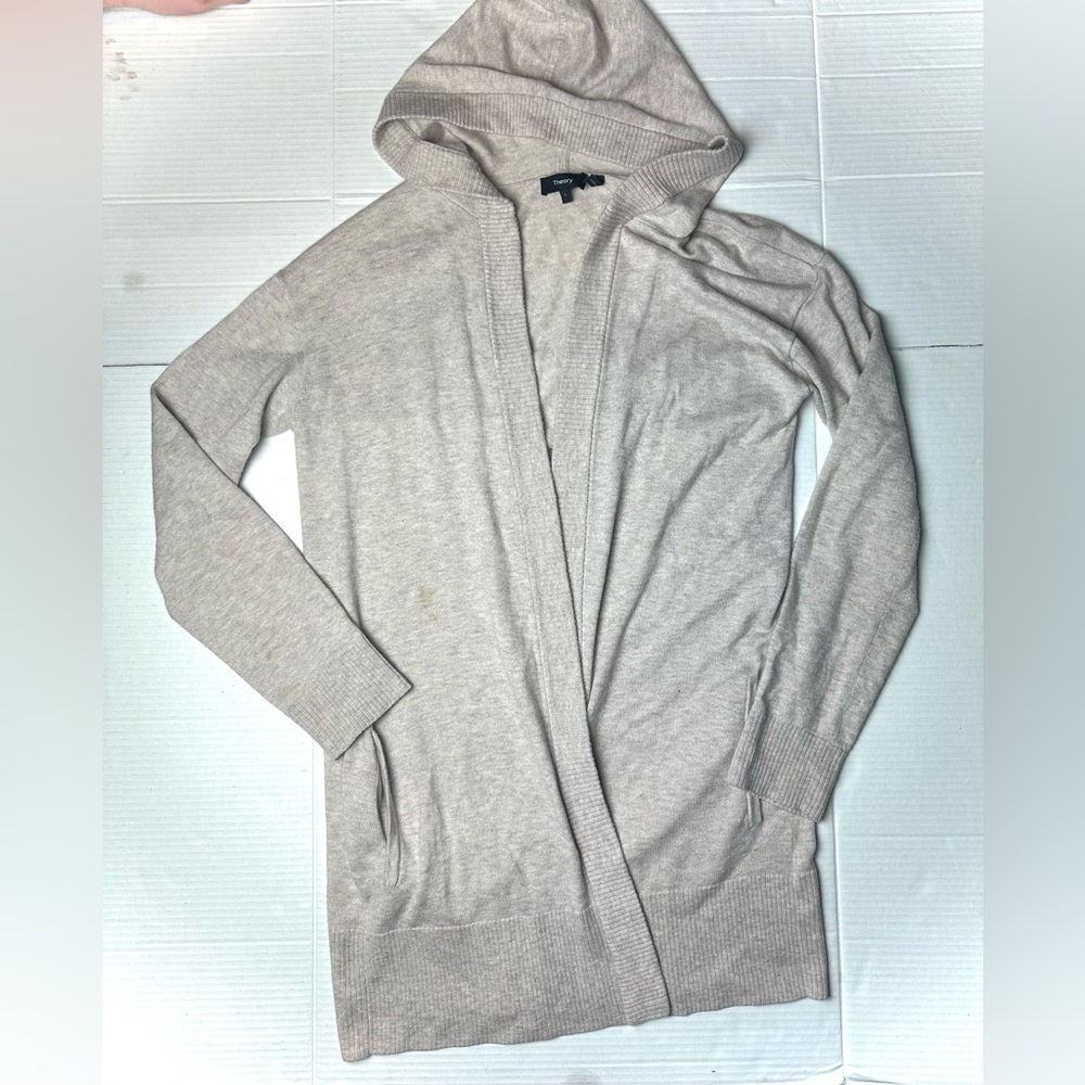 Theory Womens Large Wool Blend Cardigan Open Front‎ Long Sleeves Hooded